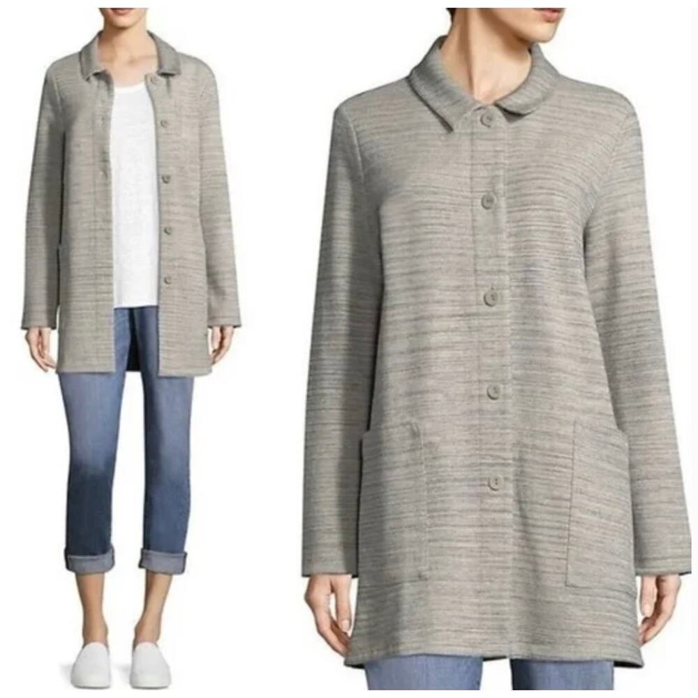 EILEEN FISHER Chevron Knit Long Sleeve Jacket Gray Pockets Sz XL Lagenlook